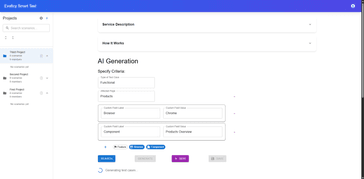 Evaficy Smart Test AI test case generation screen showing criteria selection for test type, affected page, and custom fields