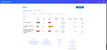Evaficy Smart Test defect tracking screen showing a logged defect with severity, priority, and Jira integration