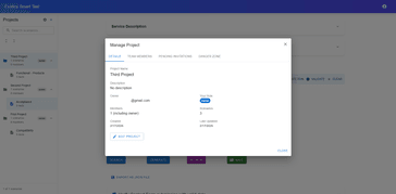 Evaficy Smart Test project and scenario management screen showing test scenarios organized by project with role-based team access
