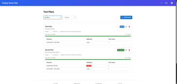 Evaficy Smart Test test plan screen showing scenarios grouped into a structured release plan with coverage tracking