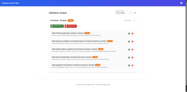 Evaficy Smart Test expert validation workflow screen showing a test scenario submitted for review with approval status tracking
